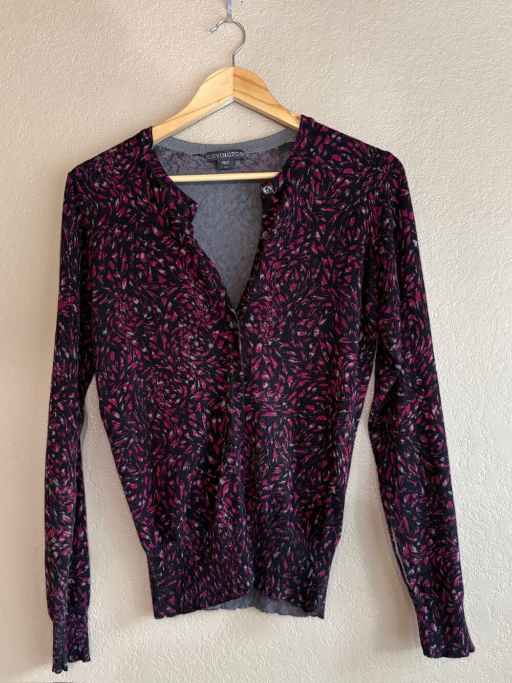 Covington Black Pink Gray Abstract Print Button Cardigan Sweater S